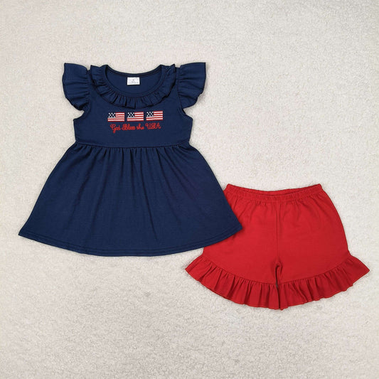 GSSO0805 embroidery 4th July shorts summer girl outfit 202405 RTS sibling