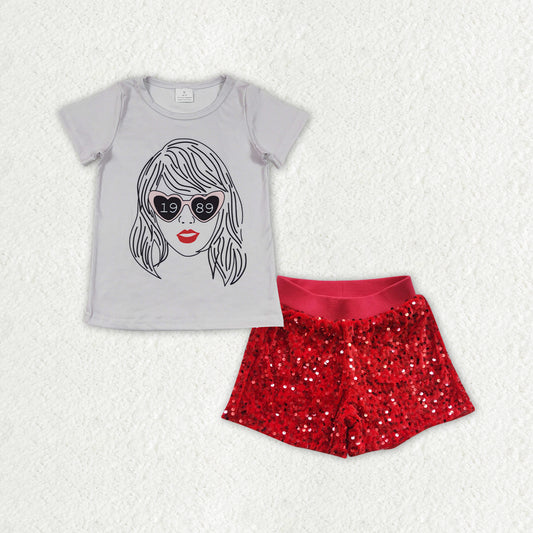 GSPO1459组合 western red Sequin shorts girl summer outfit  202401 RTS