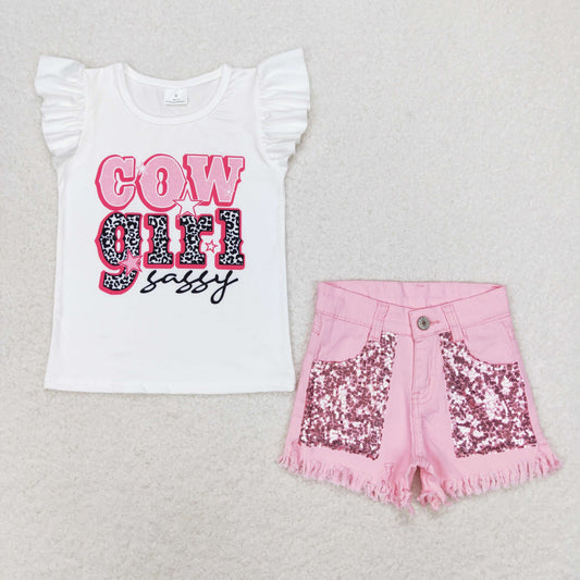 GSSO0876 组合  cow flowers denim shorts jeans summer girl outfit 202406 RTS