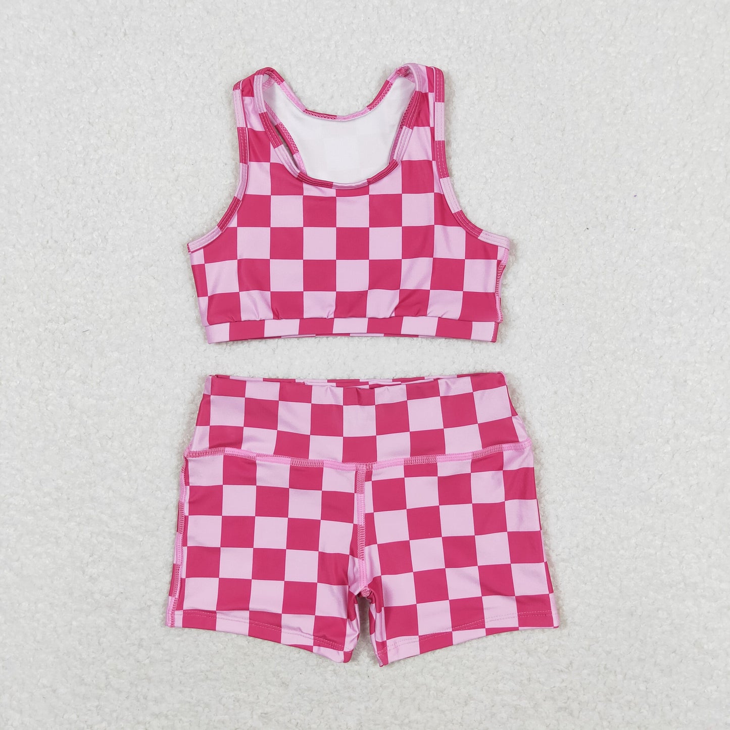 GSSO0905 组合 active wear  yoga fabric riding shorts checkerboard pink hot short sleeve shorts boy girl summer outfit 202405 RTS