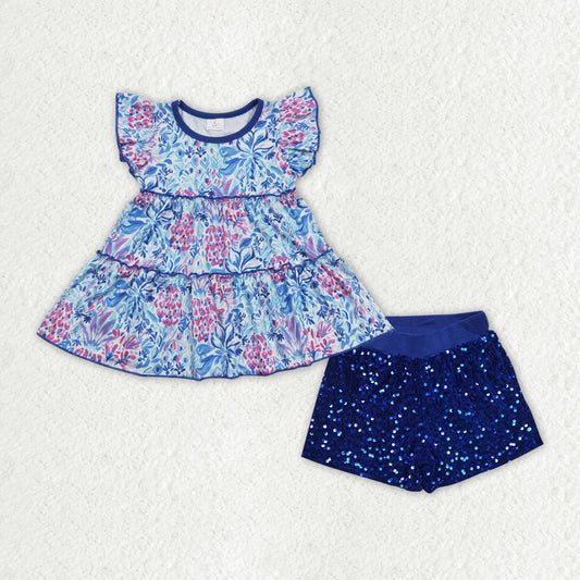 GSSO0994组合 Flower Sequin shorts girl summer outfit 202402 RTS