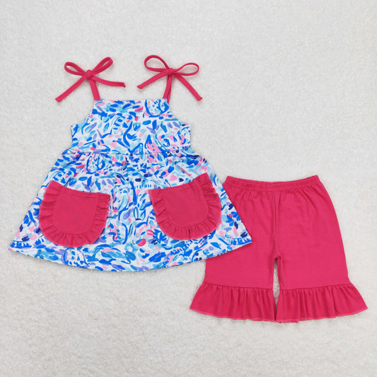 GSSO1028  4th july blue  flower shorts summer girl outfit 202404 rts