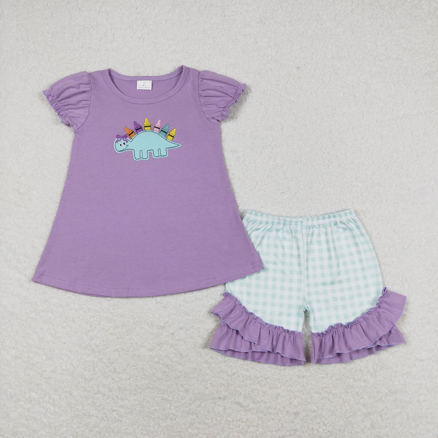 GSSO1032 Back to school embroidery dinosaur girl shorts outfit summer 202405 RTS