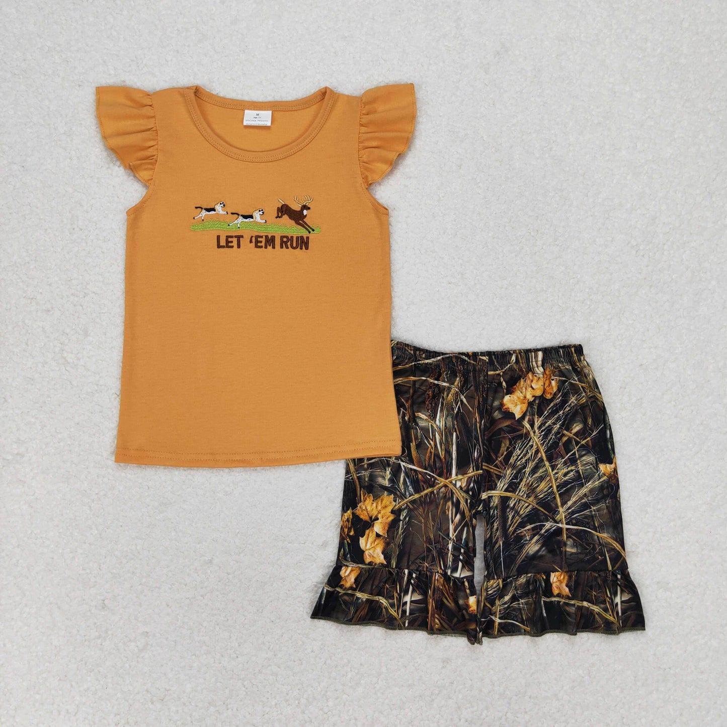 GSSO1263 embroidery western deer hunt dog camo short sleeve GIRL shorts outfit 202406 RTS