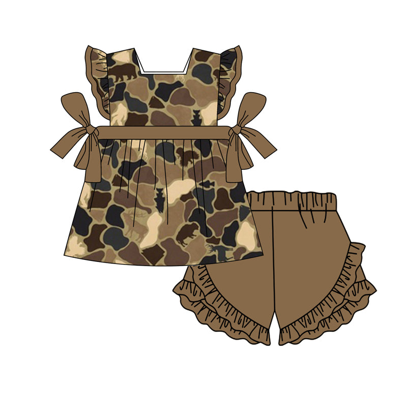 GSSO1264 custom MOQ 3 camo western short sleeve girl shorts outfit 202404