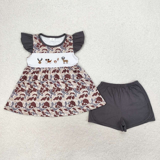 GSSO1358 Embroidery deer dog western short sleeve girl shorts outfit 202406 RTS