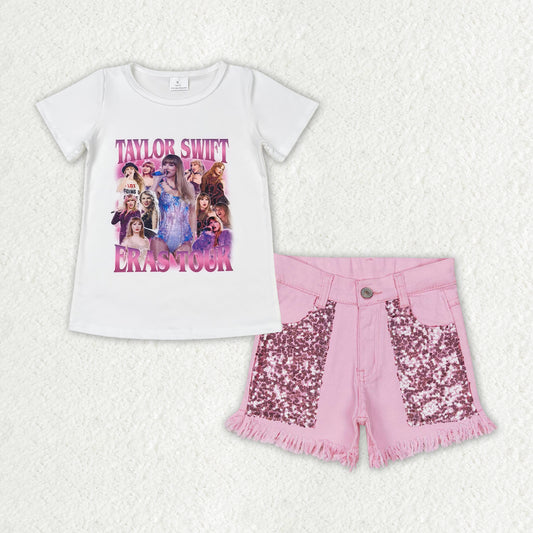 GSSO1446 组合 TS taylor swift suquin pink denim  shorts outfit set  202406