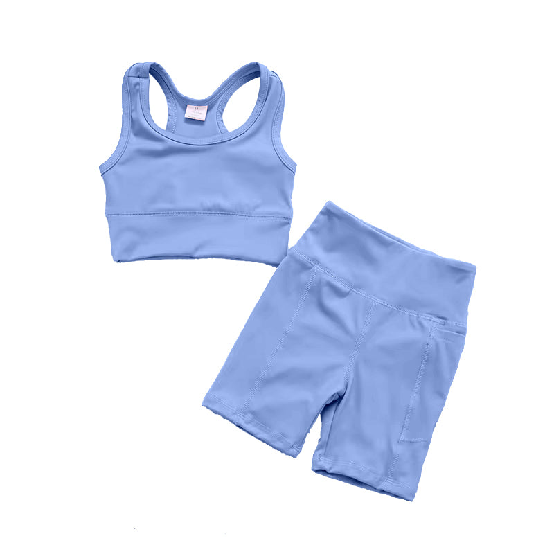 GSSO1515 athletic dress solid yoga blue color cotton sibling girl shorts outfit preorder 202411