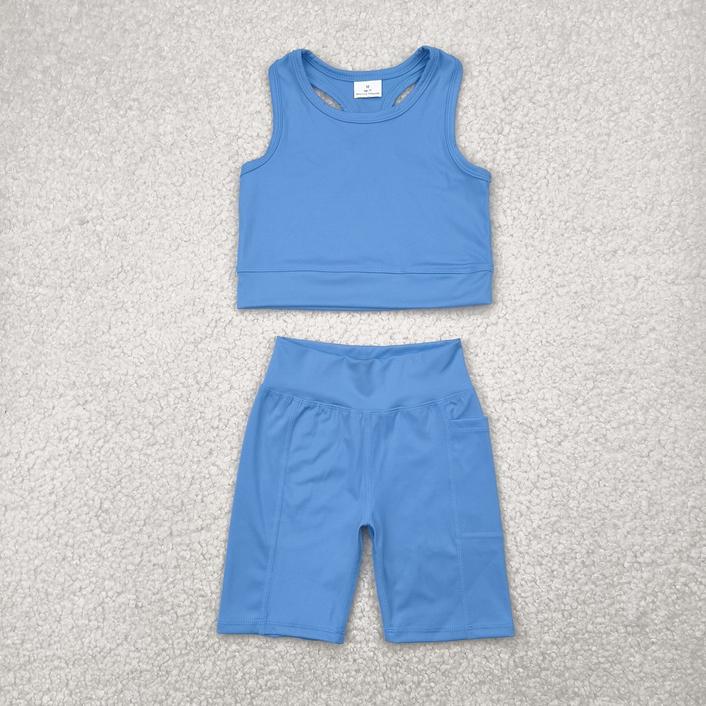 GSSO1515 athletic dress solid yoga blue color cotton sibling girl shorts outfit 202504 RTS