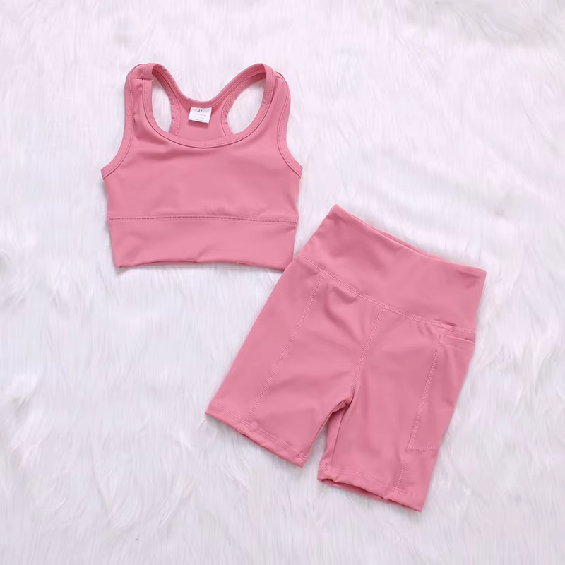 GSSO1516 athletic solid yoga pink color cotton sibling girl shorts outfit preorder 202411