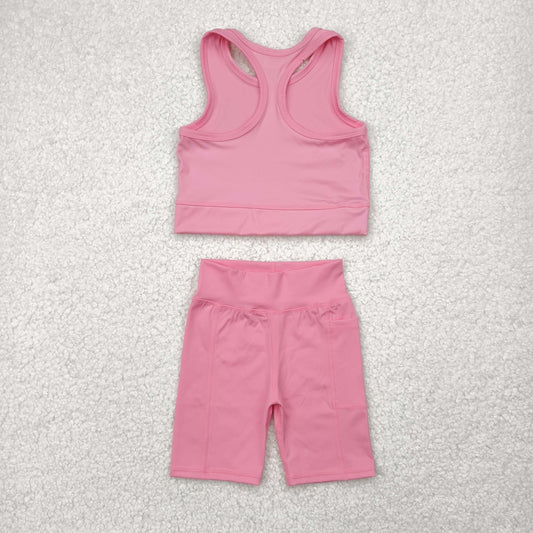 GSSO1516 athletic solid yoga pink color cotton sibling girl shorts outfit preorder 202503