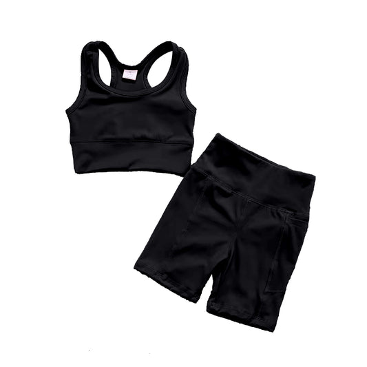 GSSO1517  athletic solid yoga black color cotton sibling girl shorts outfit preorder 202411