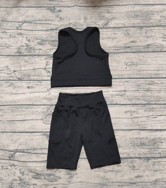 GSSO1517  athletic solid yoga black color cotton sibling girl shorts outfit preorder 202503