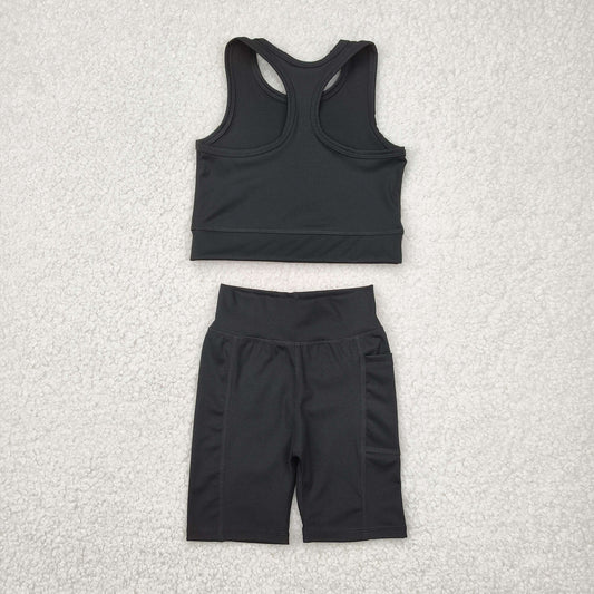GSSO1517  athletic solid yoga black color cotton sibling girl shorts outfit 202504 RTS