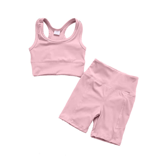 GSSO1518  athletic solid yoga light pink color cotton sibling girl shorts outfit preorder 202411