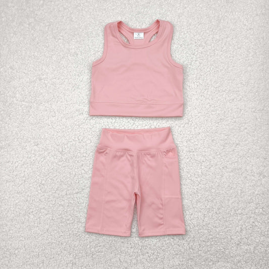 GSSO1518  athletic solid yoga light pink color cotton sibling girl shorts outfit 202504