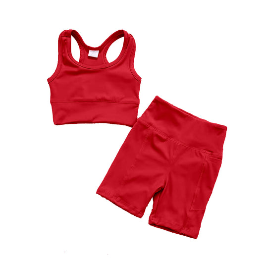 GSSO1519  athletic solid yoga red color cotton sibling girl shorts outfit preorder 202411