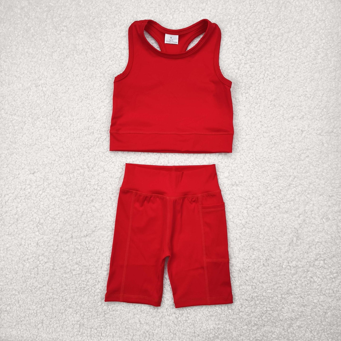 GSSO1519  athletic solid yoga red color cotton sibling girl shorts outfit  202504