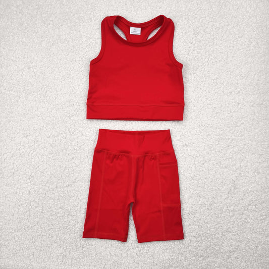 GSSO1519  athletic solid yoga red color cotton sibling girl shorts outfit  202504