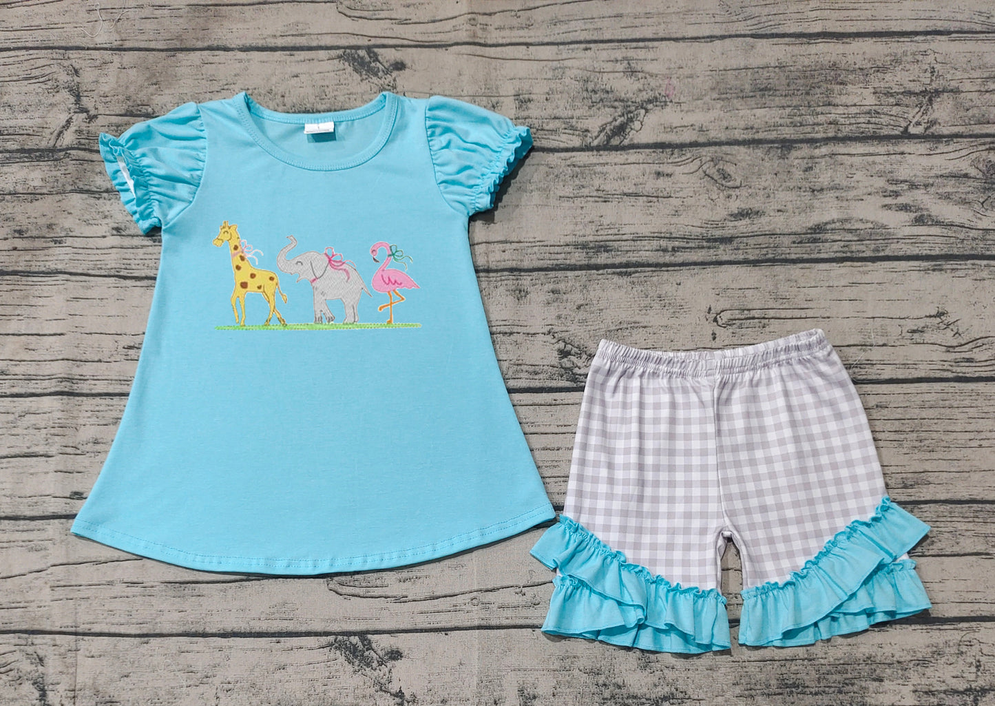 GSSO1520 embroidery elephant Giraffe girl summer outfit 202412 RTS