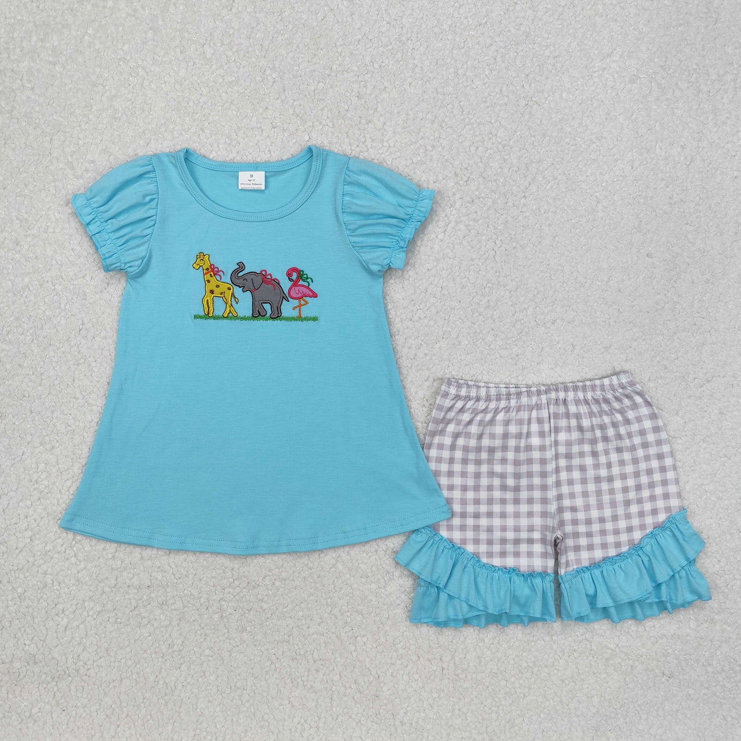 GSSO1520 embroidery elephant Giraffe girl summer outfit 202412 RTS