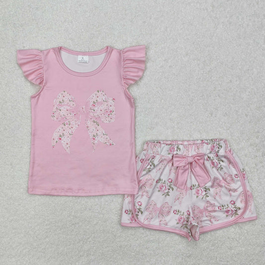 GSSO1702  bow flowers short sleeve shorts girl summer outfit 202501 RTS