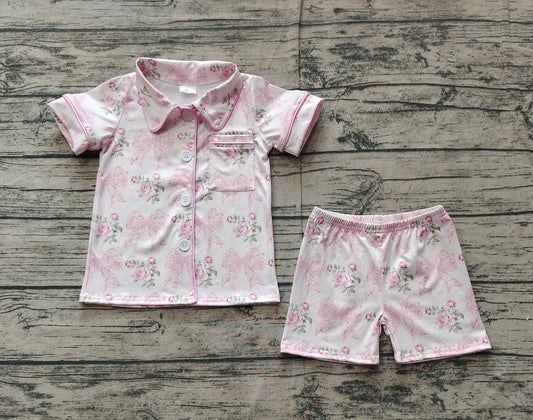 GSSO1780 Bow buttons short sleeve shorts girl summer outfit 202501 PREORDER