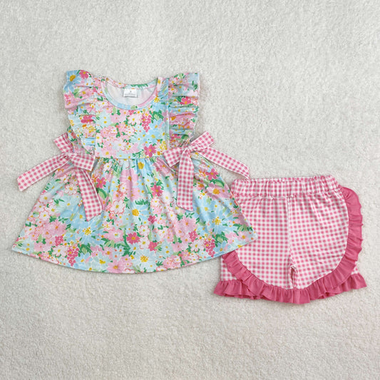 GSSO2111 flowers Pink Gingham Set girl summer outfit 202502
