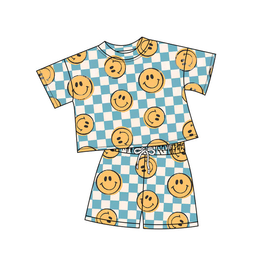 GSSO2242  preorder checkerboard smile face western short sleeve shorts girl summer outfit 202502