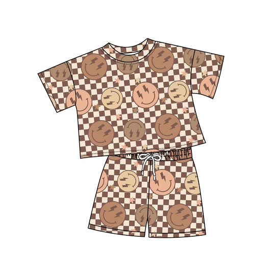 GSSO2243  preorder checkerboard smile face western short sleeve shorts girl summer outfit 202502