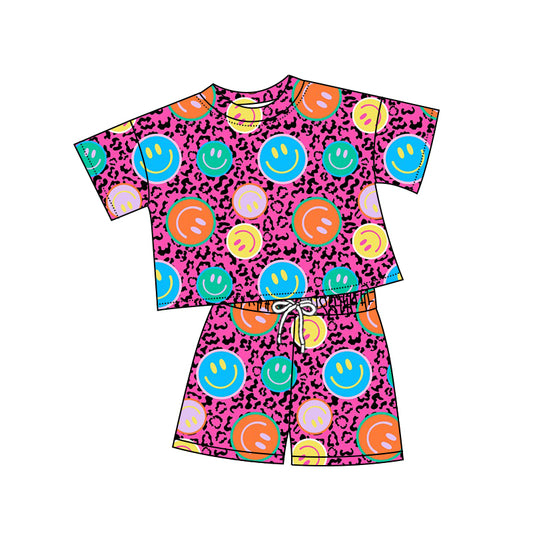 GSSO2244  preorder checkerboard smile face western short sleeve shorts girl summer outfit 202502