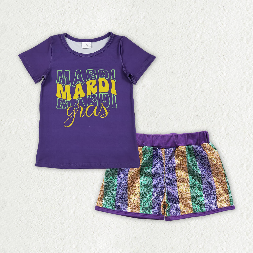 GSSO2713组合 Mardi Gras purple sequin shorts girl summer outfit RTS 202510 RTS