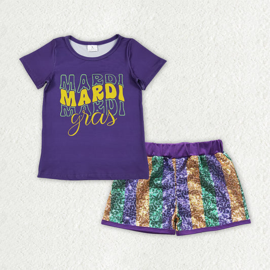 GSSO2713组合 Mardi Gras purple sequin shorts girl summer outfit RTS 202510 RTS