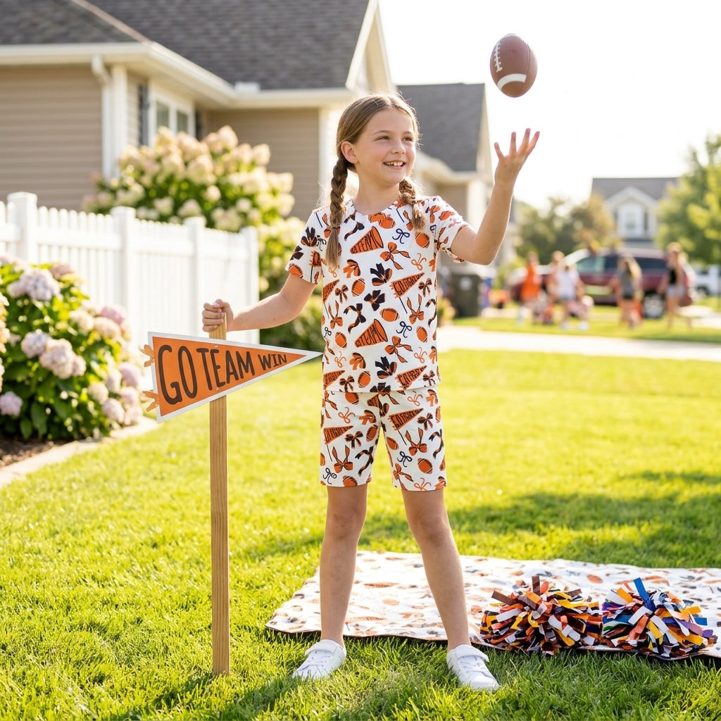 NO MOQ RTS GSSO2724 Baby Girl Clothes Football Bow Cheer Flag Mixed Print Short Sleeve Top Shorts Set 202610
