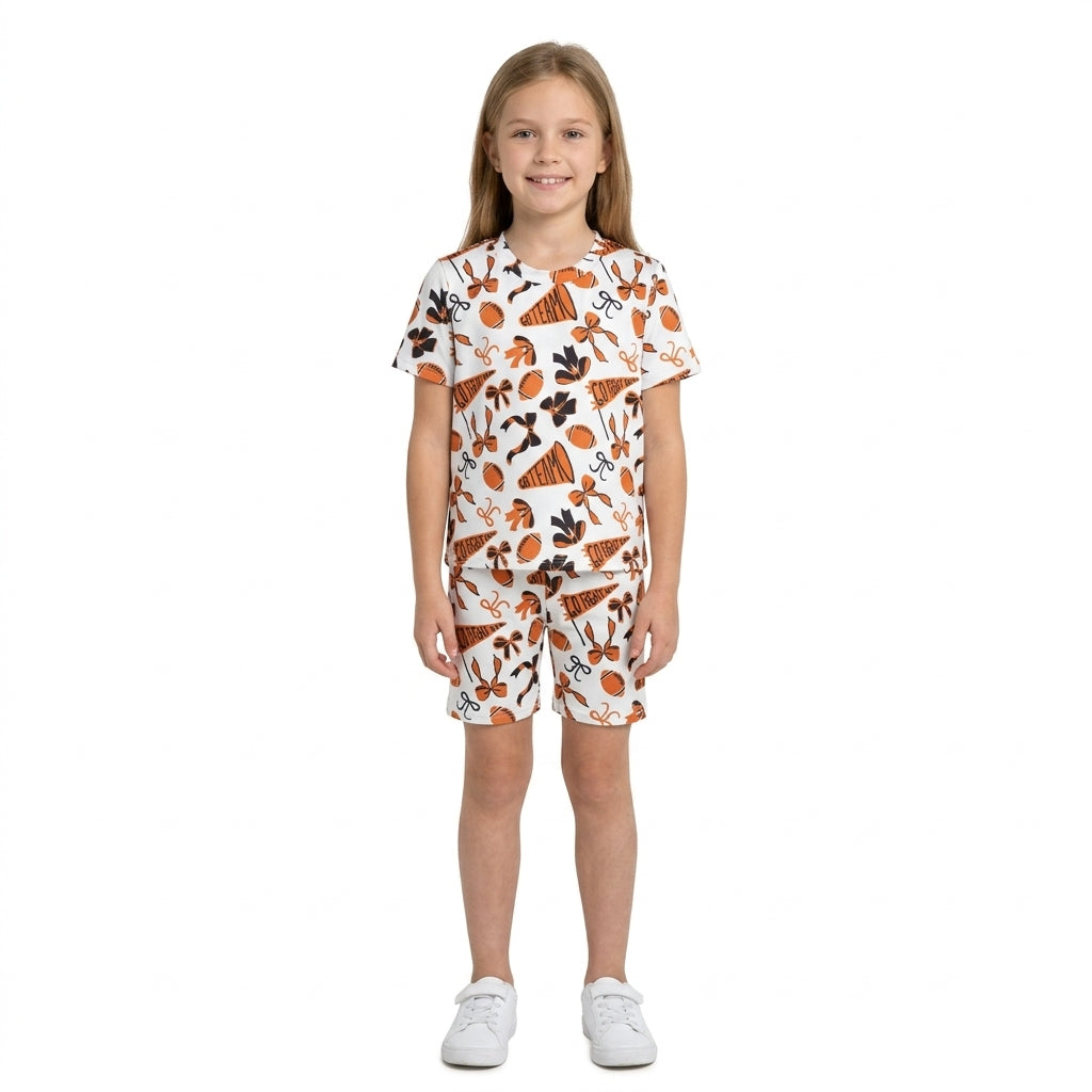 NO MOQ RTS GSSO2724 Baby Girl Clothes Football Bow Cheer Flag Mixed Print Short Sleeve Top Shorts Set 202610