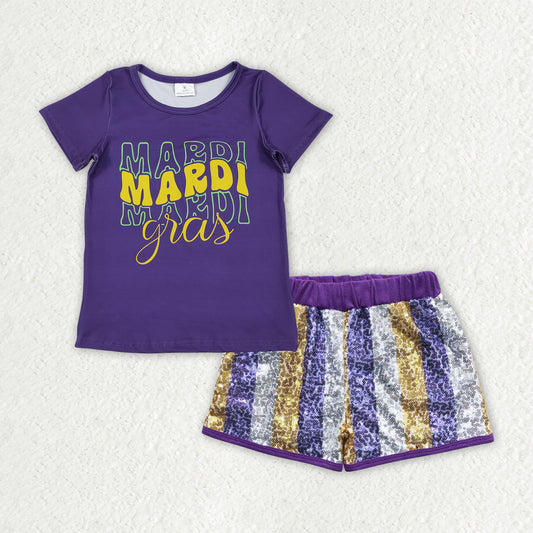 GSSO2805组合 Mardi Gras purple sequin shorts girl summer outfit RTS 202510 RTS