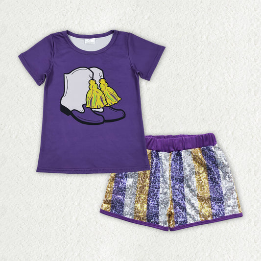GSSO2806组合 Mardi Gras purple sequin shorts girl summer outfit RTS 202510 RTS