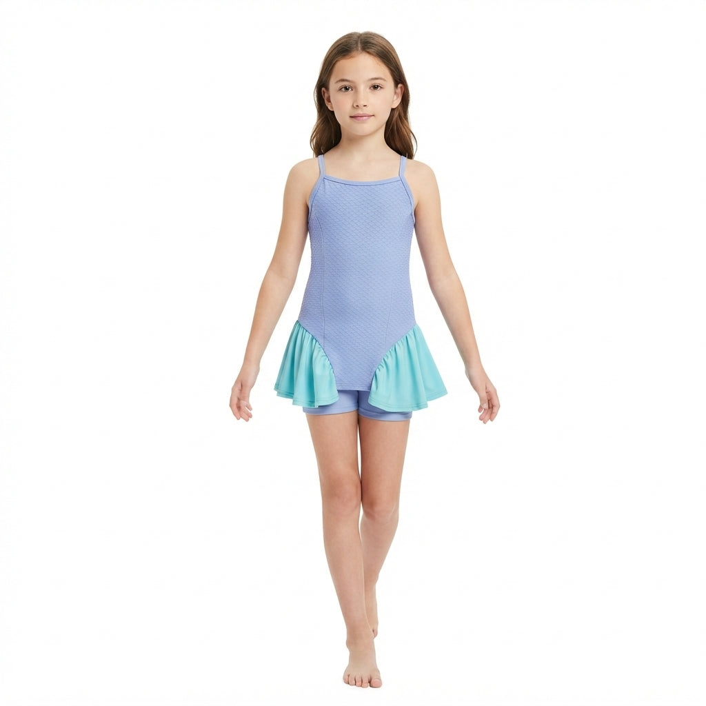 NO MOQ RTS GSSO3264 Baby Girl Clothes Two Tone Solid Plain Print Sleeveless Ruffle Swim Dress With Shorts Set 202610