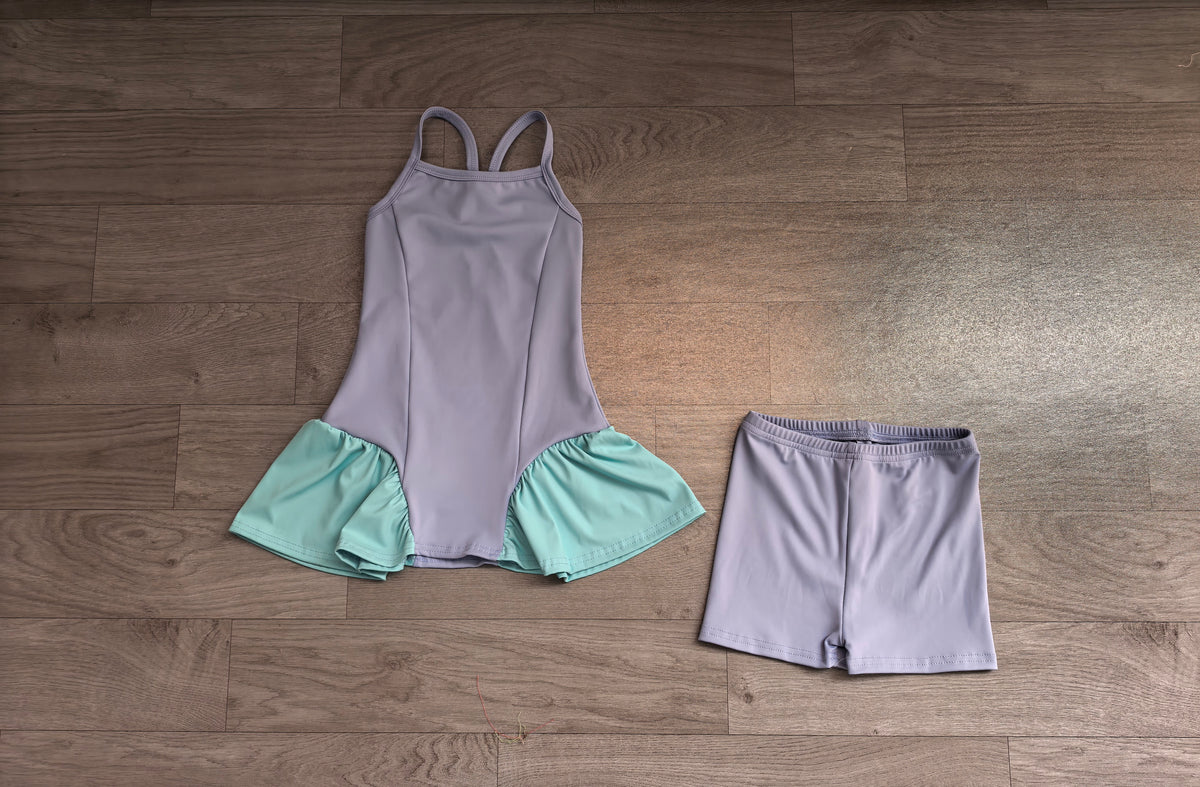 Sample-Real Pics GSSO3264 Baby Girl Clothes Solid Color Spliced Print Sleeveless Tank Swimsuit With Shorts Set