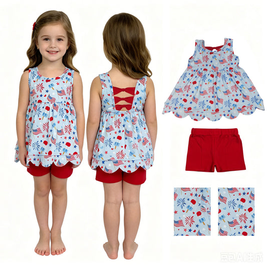 GSSO3386  4th July Scallop ruffle flowers girl outfit 202605 RTS