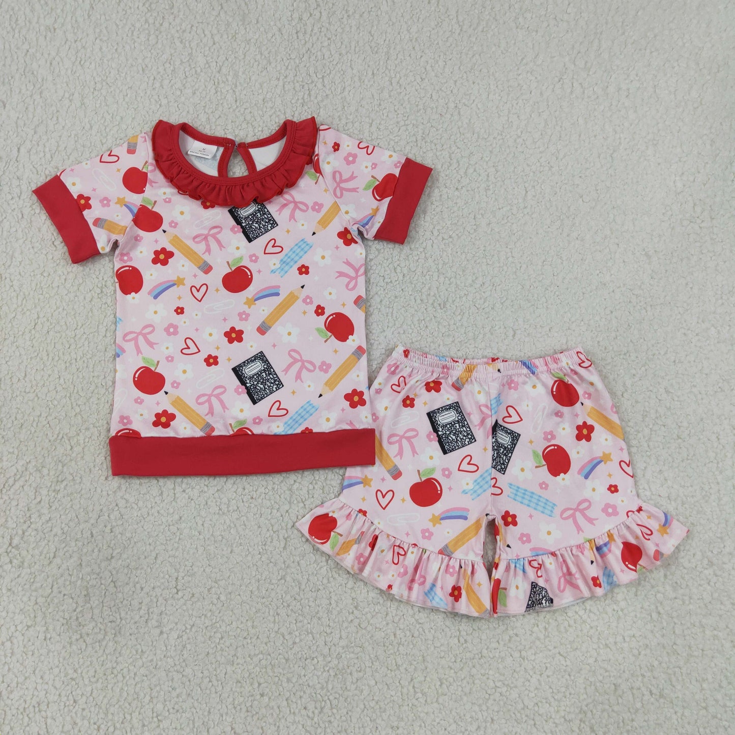 GSSO3525 back to school Kids Apple Print Ruffle Hem Short Sleeve GIRL Outfit  202607  RTS