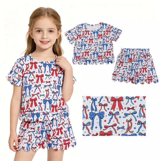 GSSO3548  bow 4th July Scallop Toddler Girls 4th Of July Bow Print Short Sleeve Skirt Two Piece Outfit  202629 RTS