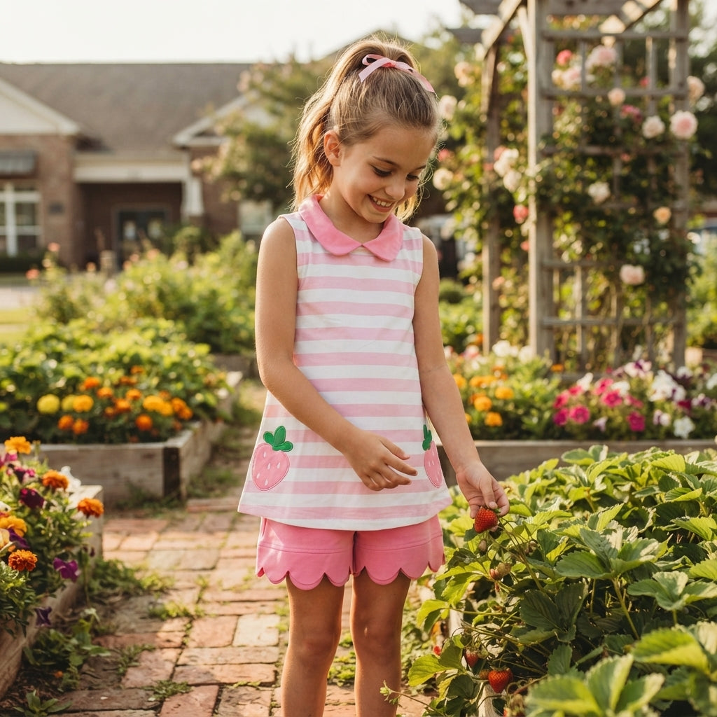 NO MOQ RTS GSSO3631-embroidery Baby Girl Clothes Pink White Stripe Strawberry Applique Print Sleeveless Tunic Top Scallop Short Set 202610