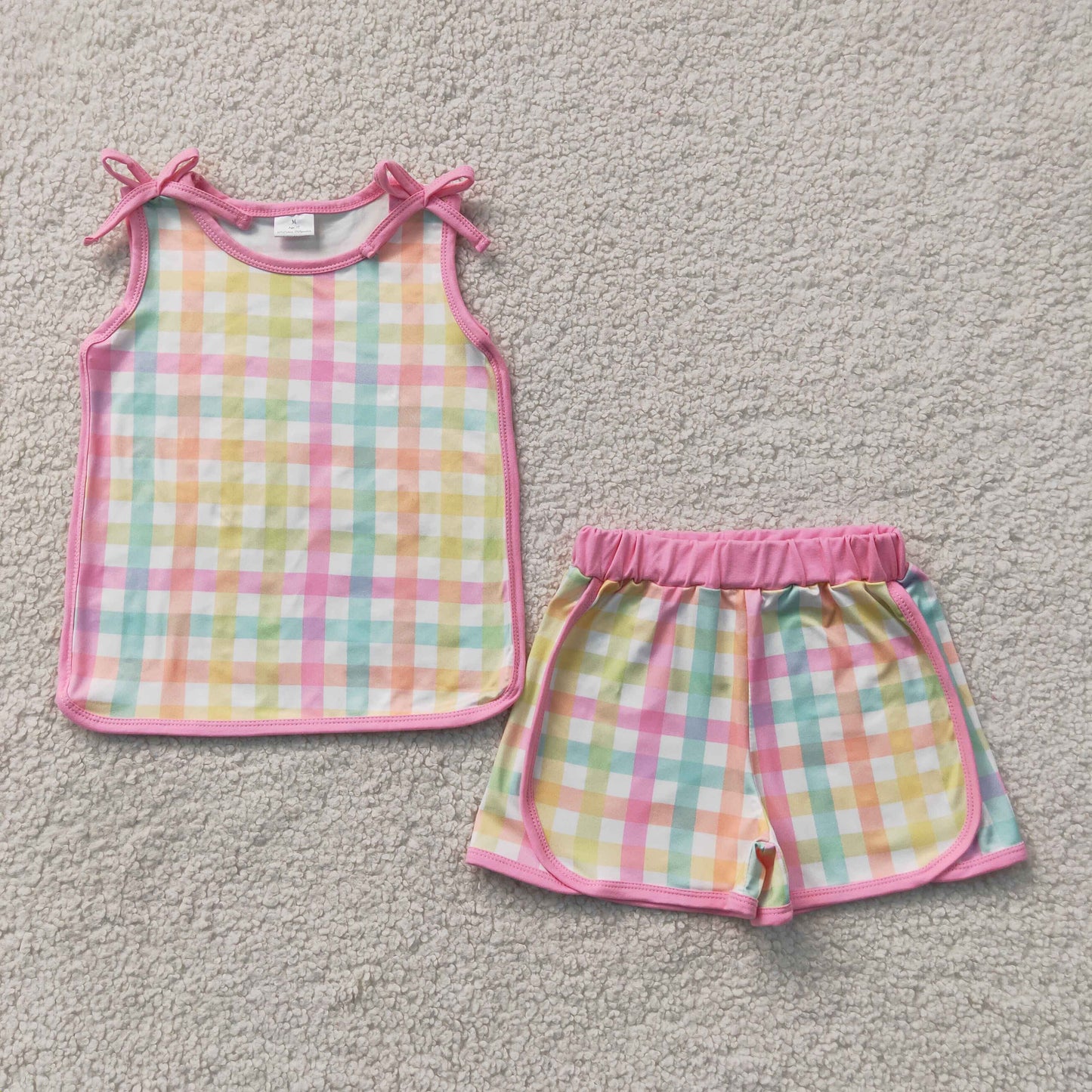 GSSO3659 Pastel Plaid Tank Short Baby Pastel Gingham Bow Strap Tank Shorts Set  202607 RTS