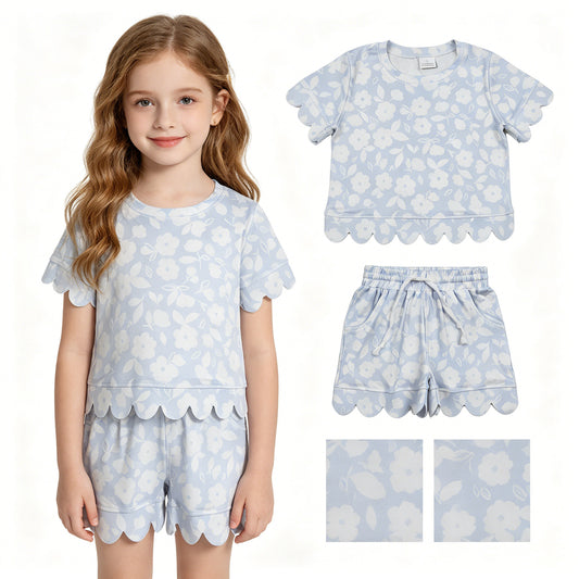 GSSO3730  Scallop FLOWERS BLUE girl outfit skirt  202605 RTS