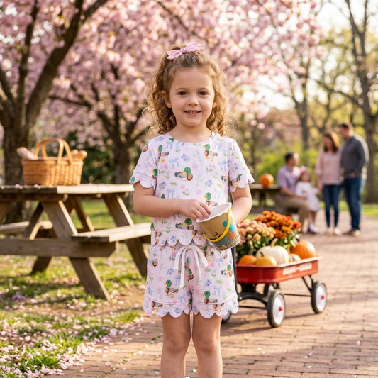 NO MOQ RTS GSSO3737 Baby Girl Clothes Duck Floral Print Short Sleeve Top Short Set