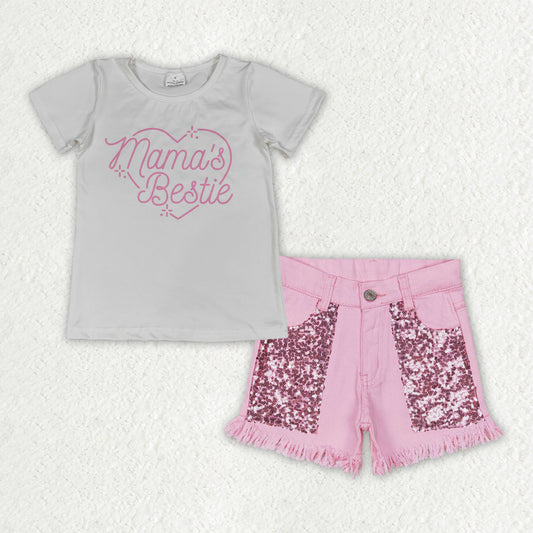 GSSO3756组合，GT1565+SS0230 MAMA'S BESTIE Sequin jeans denim girl shorts outfit set