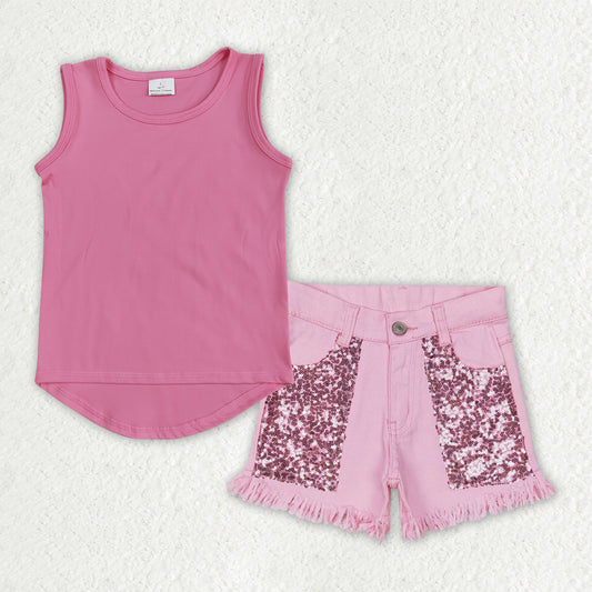 GSSO3758组合，GT0983+SS0230  MAMA'S BESTIE Sequin jeans denim girl shorts outfit set