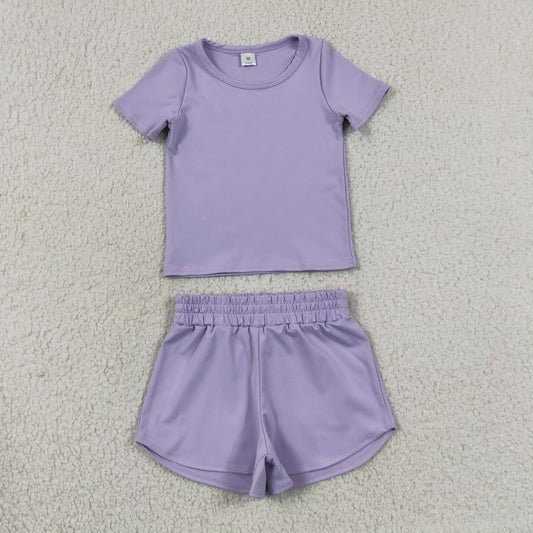 GSSO3759瑜伽组合，GT1628瑜伽+SS0895瑜伽 yoga Toddler Girls Solid Light Purple Soft Crew Neck Short Sleeve Tee 202630 RTS