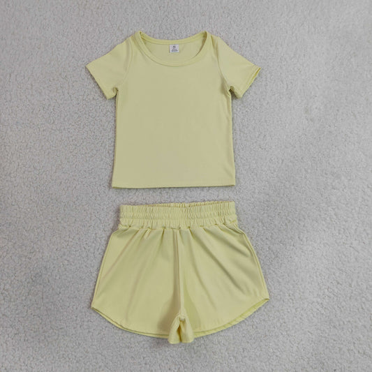 GSSO3763，GT1632+SS0899  yoga yellow Baby Solid Summer Short Sleeve Outfit 202630